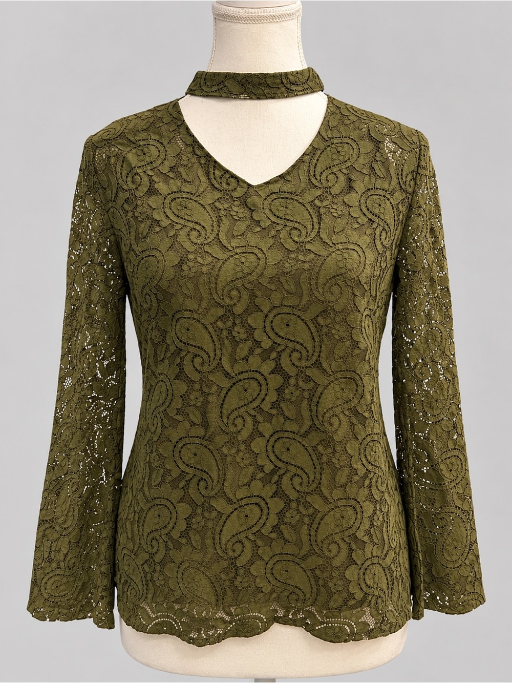 Whimsygoth Olive Green Paisley Lace Bell Sleeve Choker Top M
